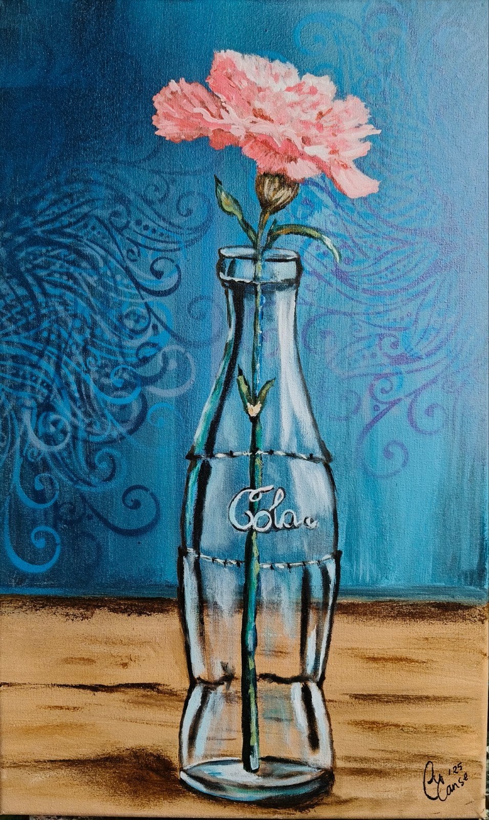 schilderij bloem in cola flesje, Ophalen of Verzenden
