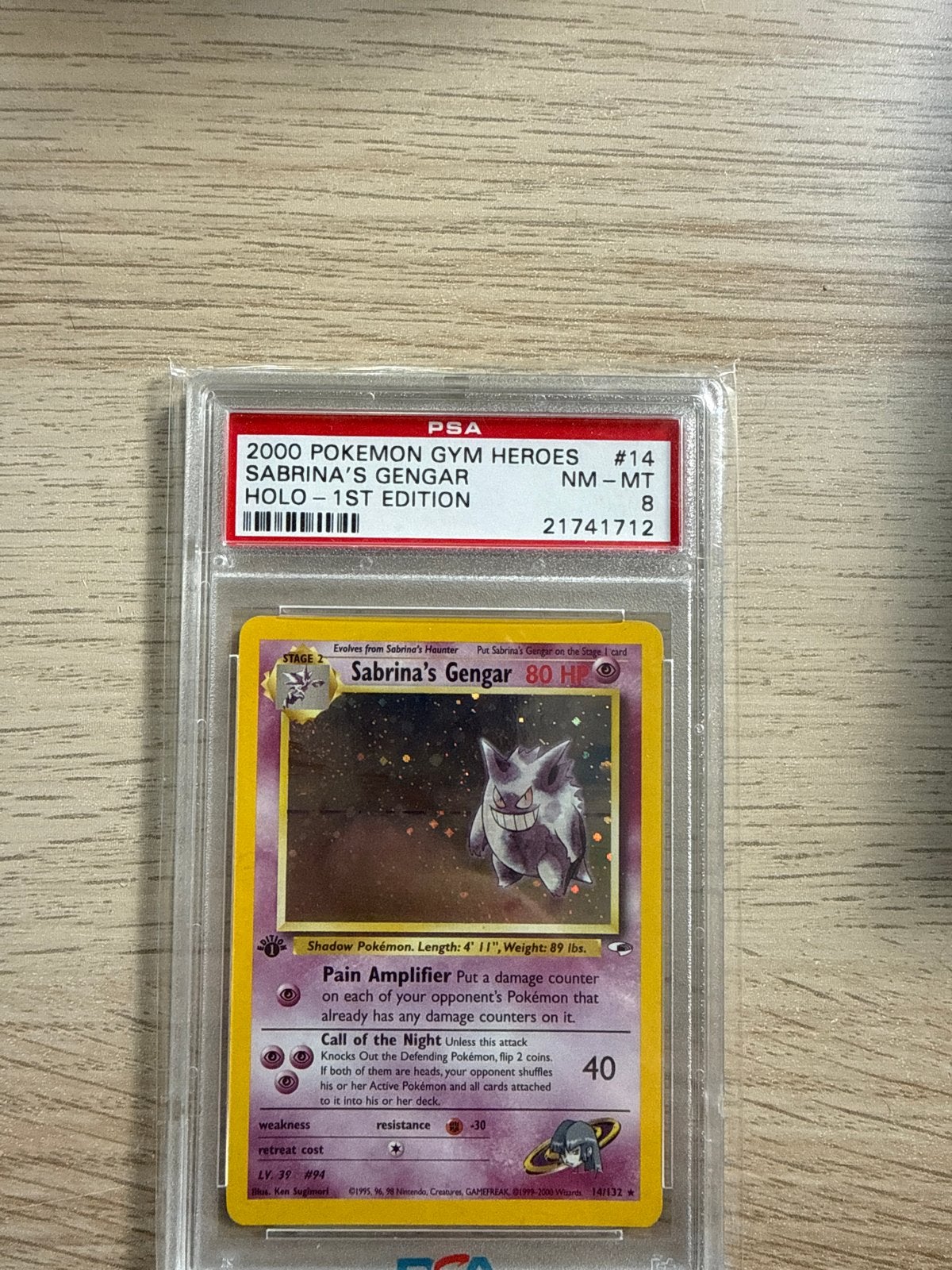 PSA 8 Sabrina's Gengar Holo 1st Edition Pokémon Kaart, Ophalen of Verzenden, Zo goed als nieuw, Losse kaart, Foil