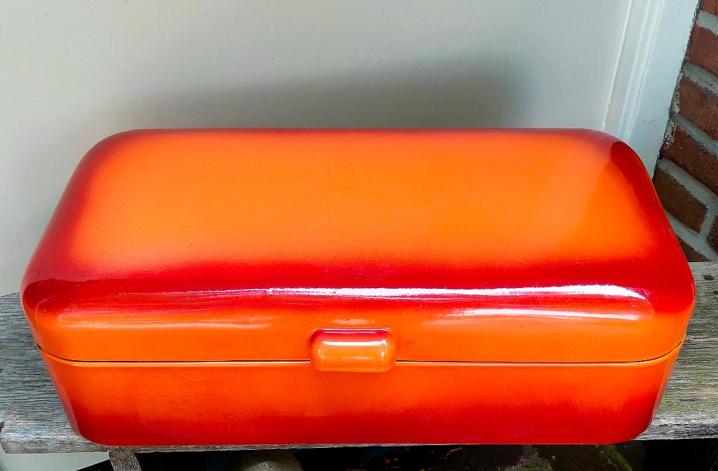 Antiek Emaille Broodtrommel - Rood Oranje Wit Geëmailleerd, Ophalen of Verzenden