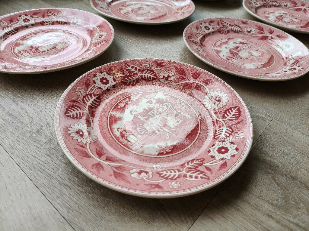 6 antieke Société Céramique Maastricht “Tea Drinker” borden, Antiek en Kunst, Ophalen