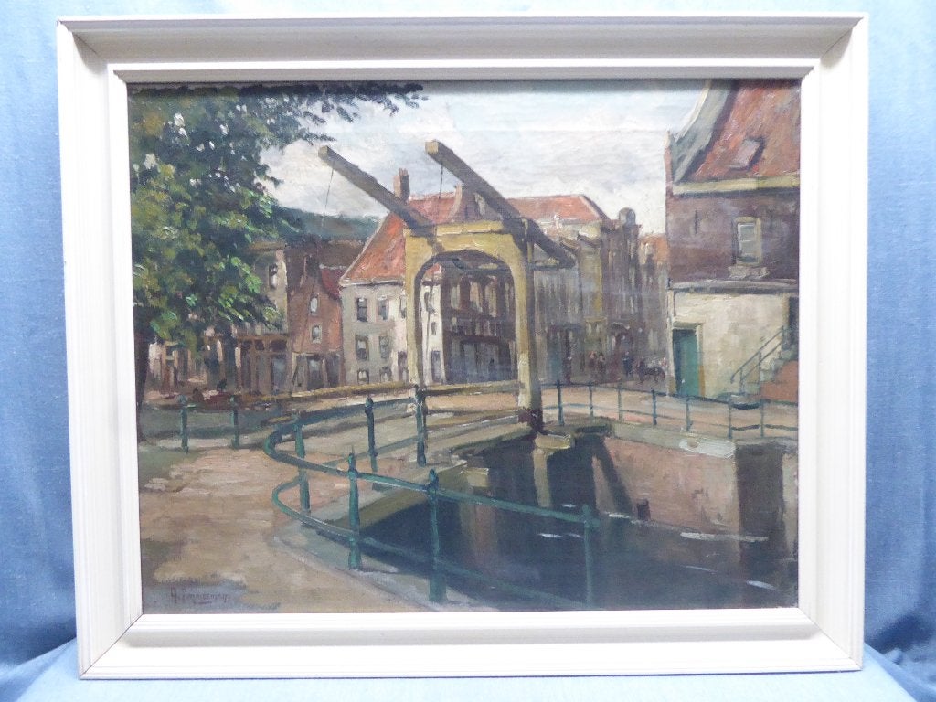 Olieverf schilderij | A. Timmermans | Groenbrugwal Amsterdam, Oorspronkelijke maker, Ophalen of Verzenden, Zo goed als nieuw, Schilderij