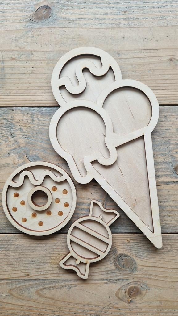 Sensory Fun Houten Vulvormen: IJsje, Donut & Snoepje, Ophalen of Verzenden, Zo goed als nieuw, Overige typen