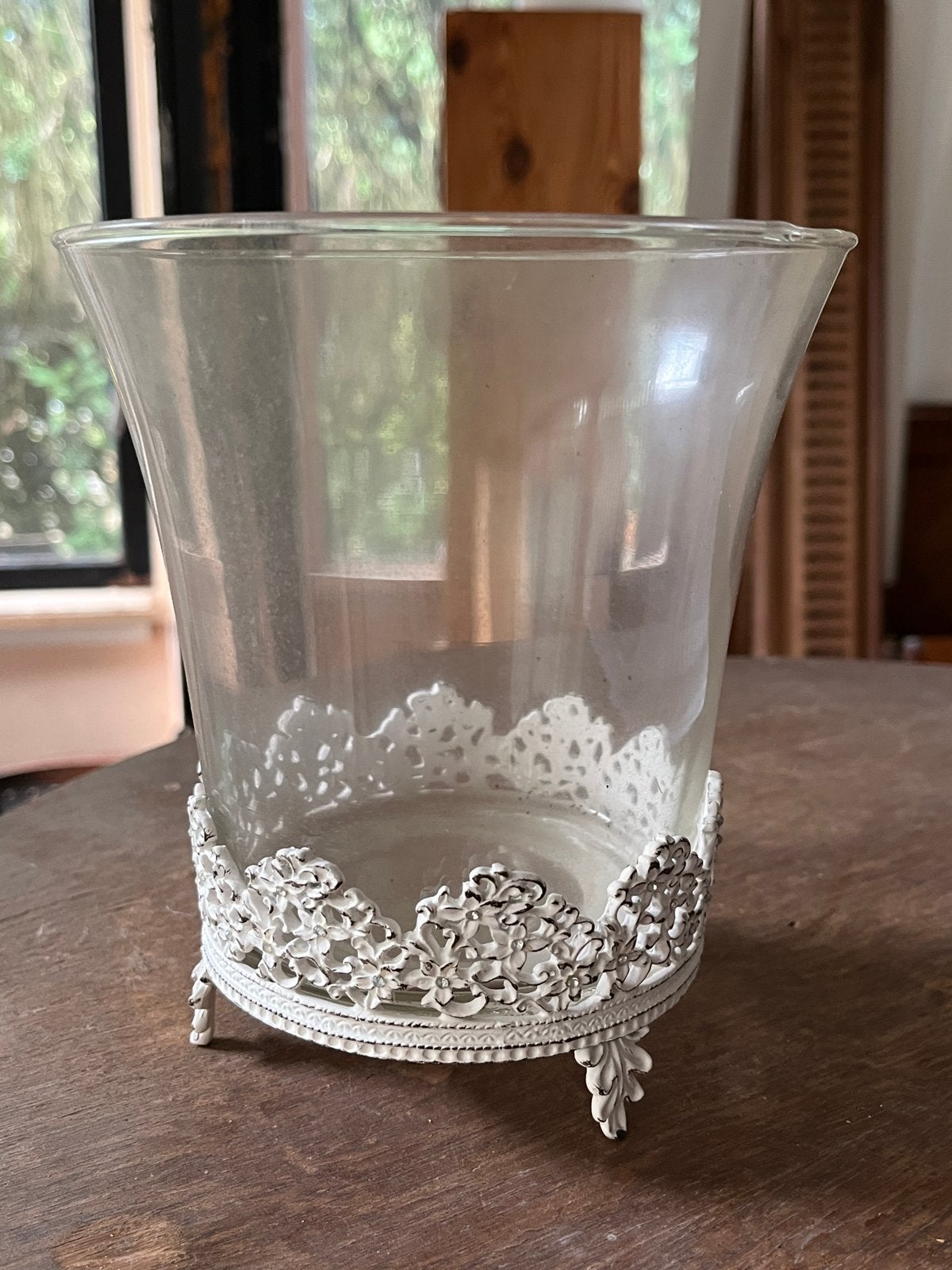 Glazen pot in metalen frame, Ophalen, Minder dan 30 cm, Rond, Zo goed als nieuw