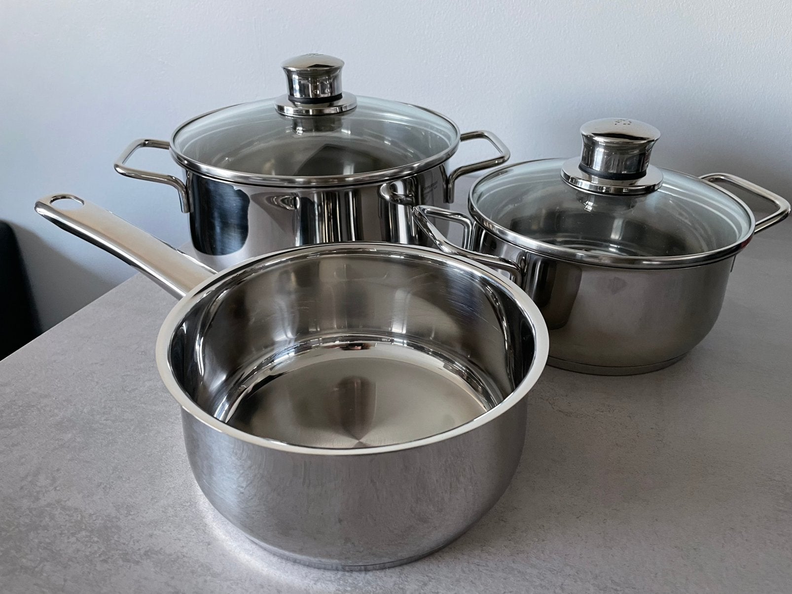 WMF Diadem Plus Pannenset 3-delig - RVS, Huis en Inrichting, Keuken | Potten en Pannen, Ophalen, Zo goed als nieuw, Rvs, Pannenset