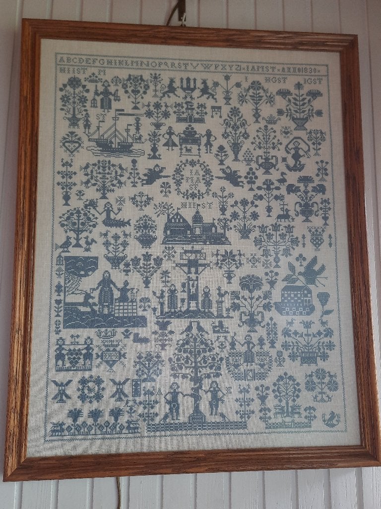Prachtig ingelijst borduurwerk – klassieke merklap, Ophalen, 67 cm, Schilderij, Textiel