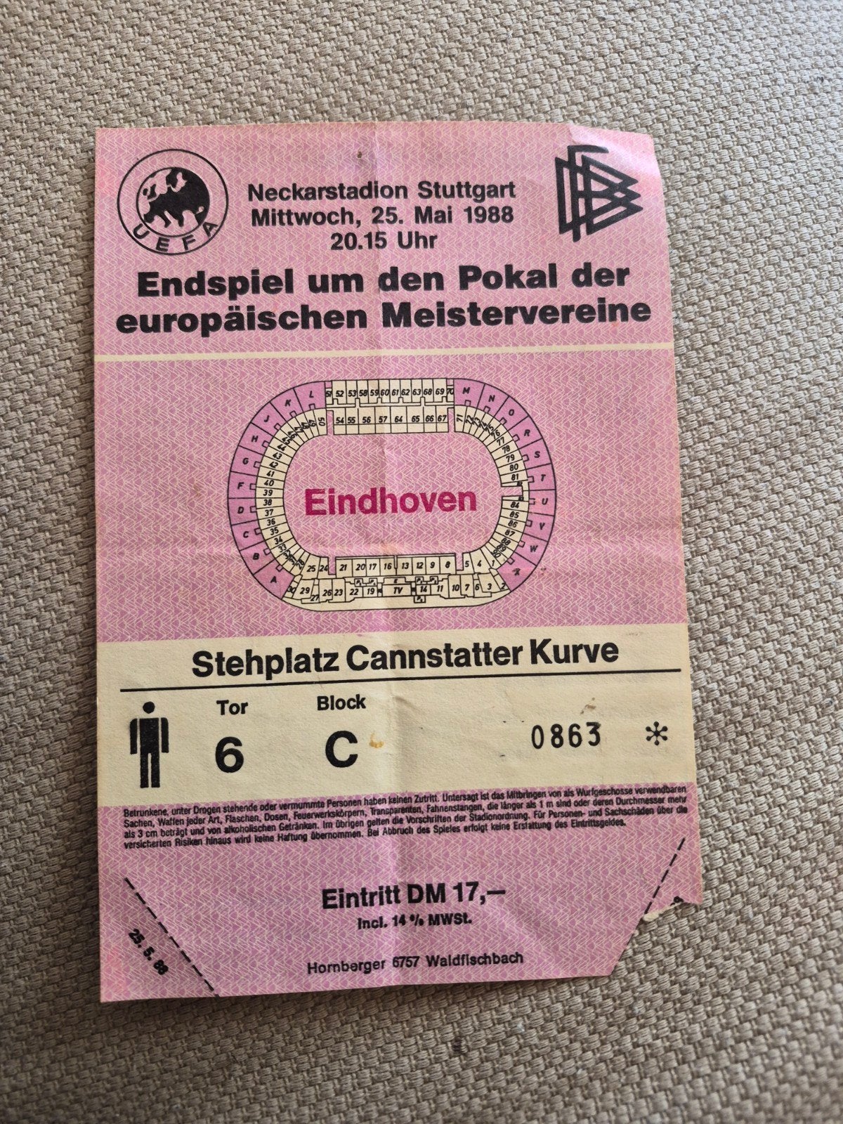 Ticket PSV - Benfica Europacup 1 finale, Ophalen of Verzenden, Gebruikt, PSV, Overige typen