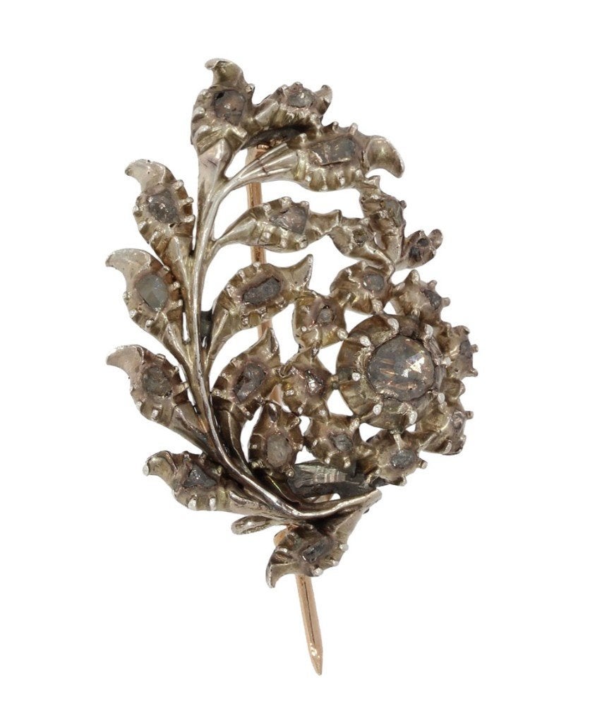 Diamanten antieke 14k gouden bloem broche tak zilver dames, Sieraden, Tassen en Uiterlijk, Antieke sieraden, Broche, Goud, Met edelsteen
