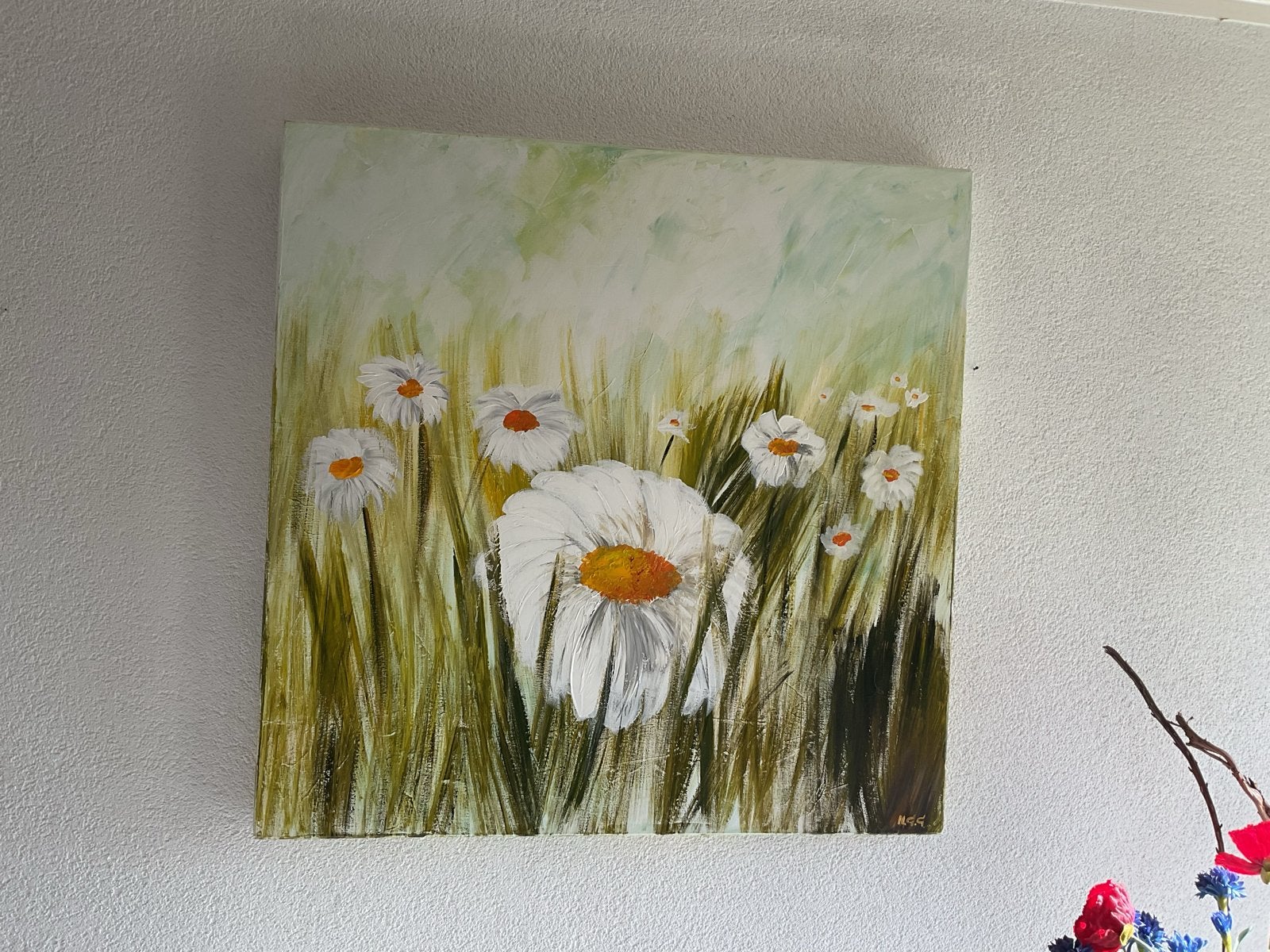 Schilderij met madeliefjes in een weide 90x90, Antiek en Kunst, Ophalen of Verzenden, Bloemen, Textiel, Gesigneerd