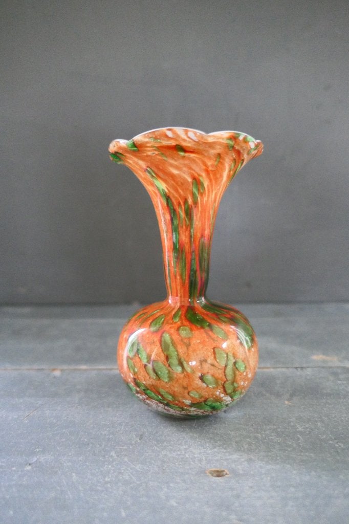 Vintage glazen vaas oranje groen, Verzenden