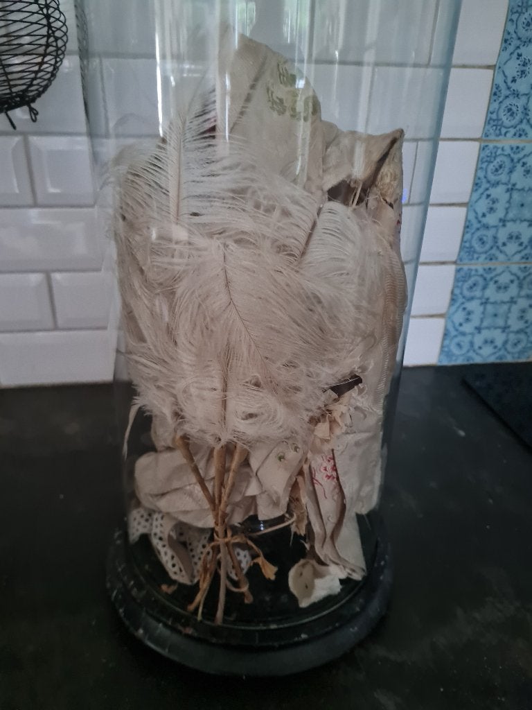 Antieke stolp met zijden corset van een antieke jurk, Ophalen