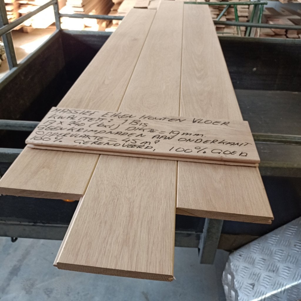 massief eiken houten vloer, 45m2, br. 17cm, 100% gerenoveerd, Parket, Ophalen of Verzenden, Zo goed als nieuw, 10 m² of meer
