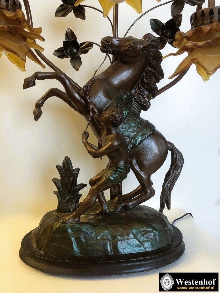Franse tafellamp schemerlamp beeld paard knecht antiek brons, Antiek en Kunst, Ophalen of Verzenden