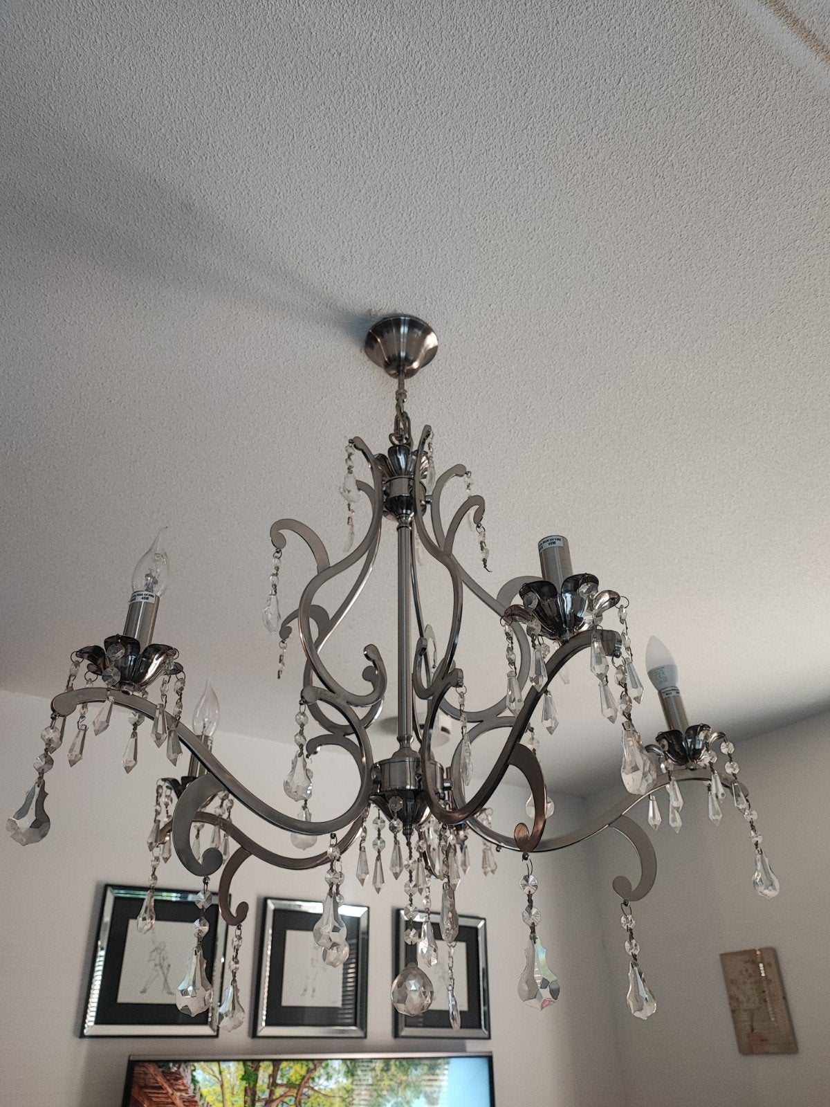 Moderne rvs kroonluchter met kristallen, Huis en Inrichting, Lampen | Kroonluchters, E14 (klein), Ophalen of Verzenden, Zo goed als nieuw