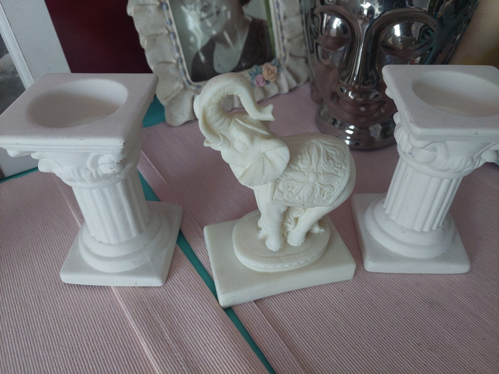 Set van 2 witte kandelaars en olifant decoratie, Ophalen, Zo goed als nieuw, Wit, Overige merken