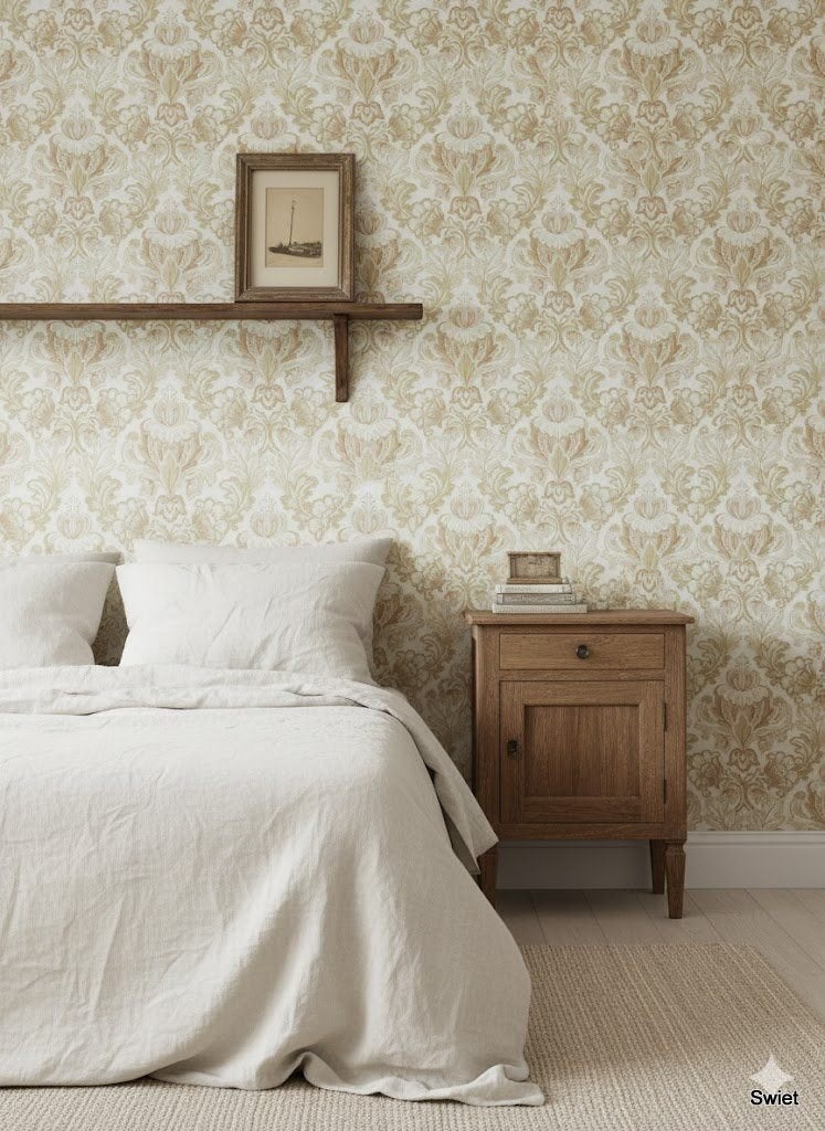 6862 zacht beige klassiek  barok vintage behang swiet, Ophalen of Verzenden, Beige