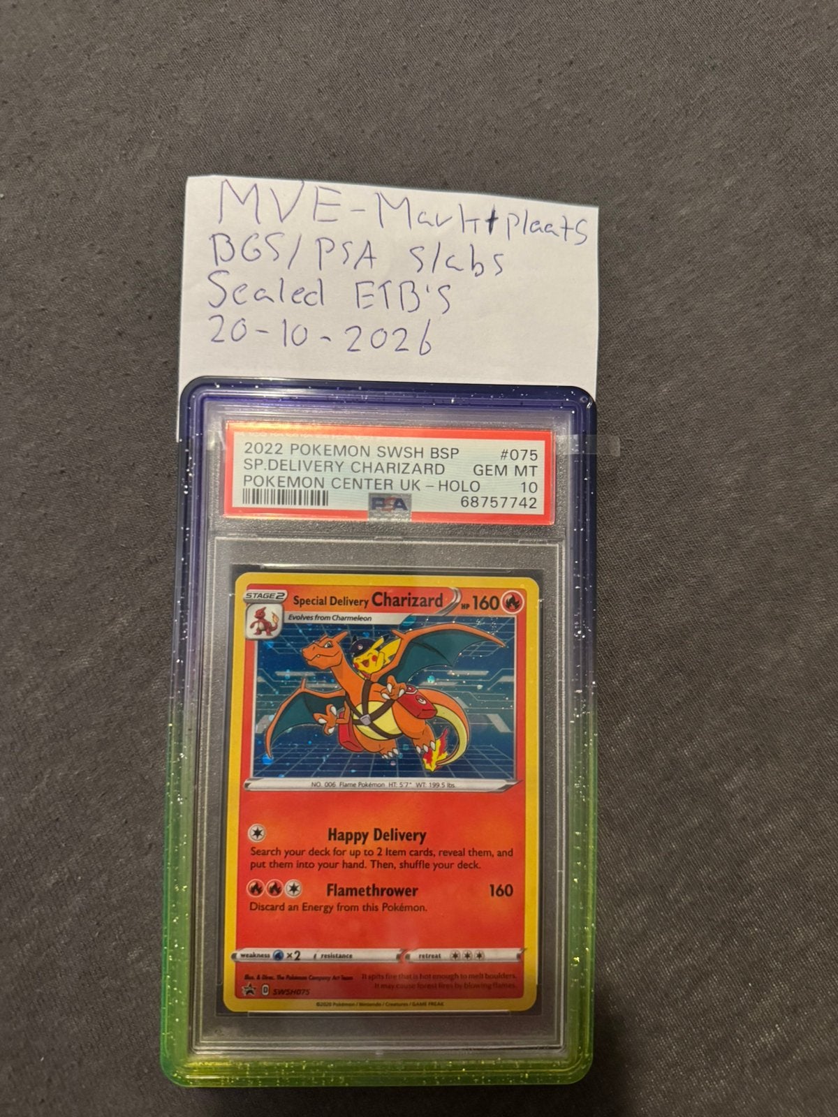 Special Delivery Charizard SWSH075 PSA 10 Pokemon Promo, Ophalen of Verzenden, Zo goed als nieuw, Losse kaart, Foil