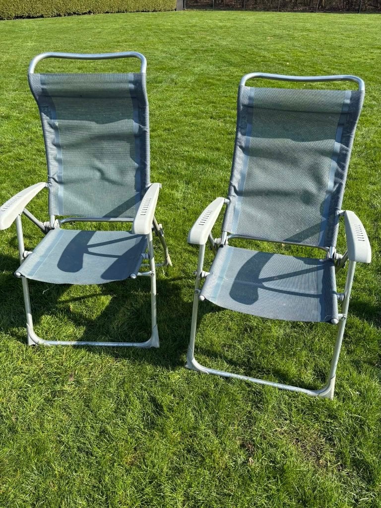 2 camping stoelen met voetenbankjes in zeer goede staat, Ophalen, Gebruikt, Campingstoel