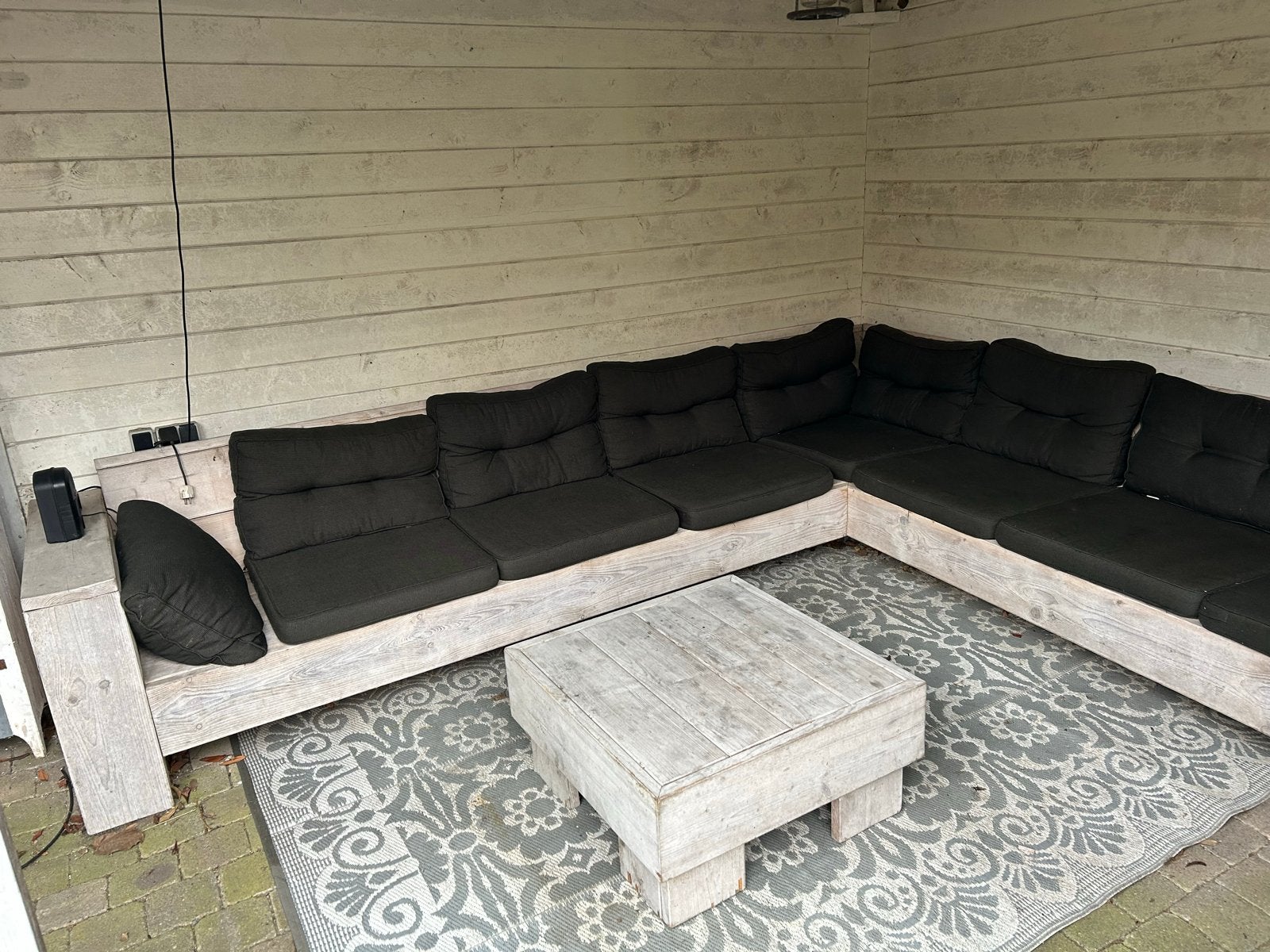 Steigerhouten Loungeset met Kussens en Salontafel, Ophalen, Gebruikt, Meer dan 8 zitplaatsen, Steigerhout