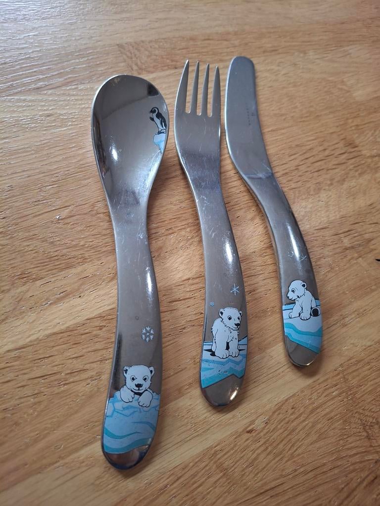 Auerhahn kinderbestek set - IJsbeer design, Gebruikt, Ophalen of Verzenden, Rvs of Chroom, Vaatwasserbestendig