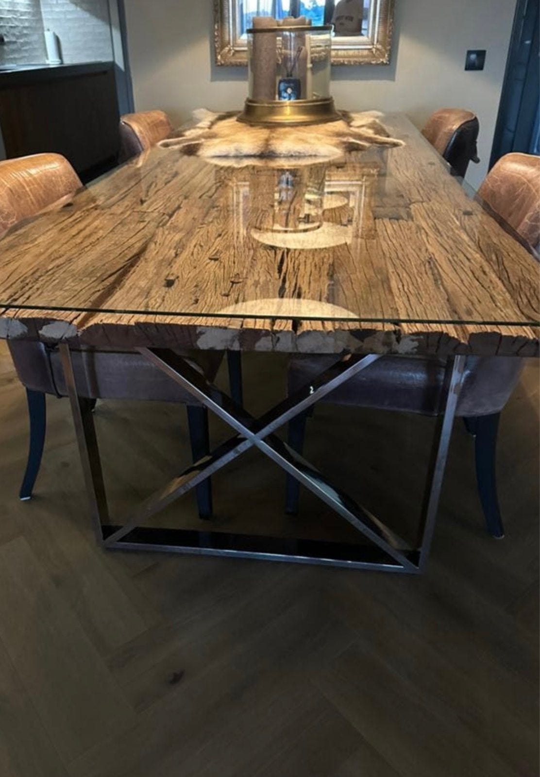 Robuuste Rofra Home eettafel railwayhout met dik glazen blad, Ophalen, Gebruikt, 100 tot 150 cm, 200 cm of meer