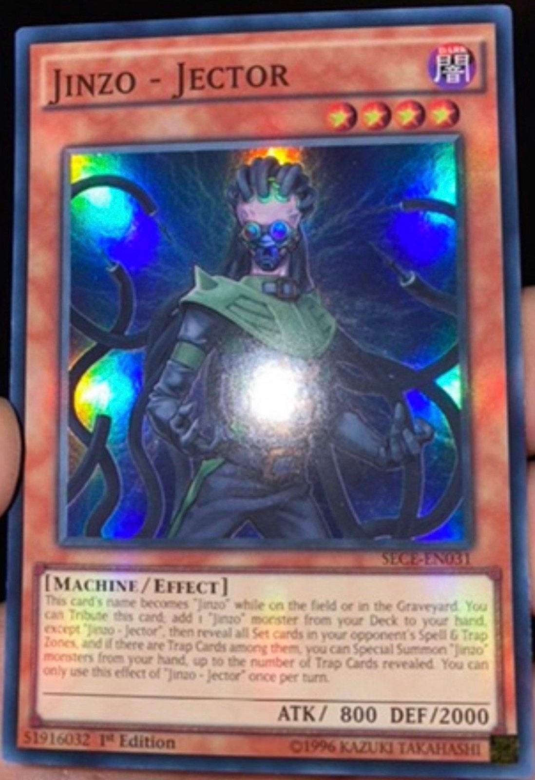 Yu-Gi-Oh! Jinzo - Jector SECE 1st Edition !, Ophalen of Verzenden, Zo goed als nieuw, Losse kaart, Foil