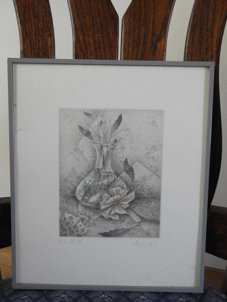 Ets, bloemen in vaas - Gesigneerd - Heinz Voss, 26 cm, Ingelijst, 22 cm, Ophalen of Verzenden