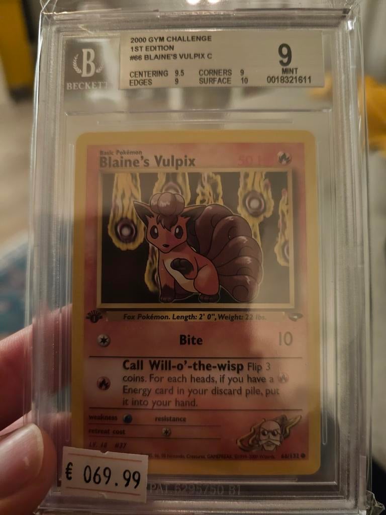 Blaine's Vulpix 1st Edition 2000 Gym Challenge BGS 9 Mint, Ophalen of Verzenden