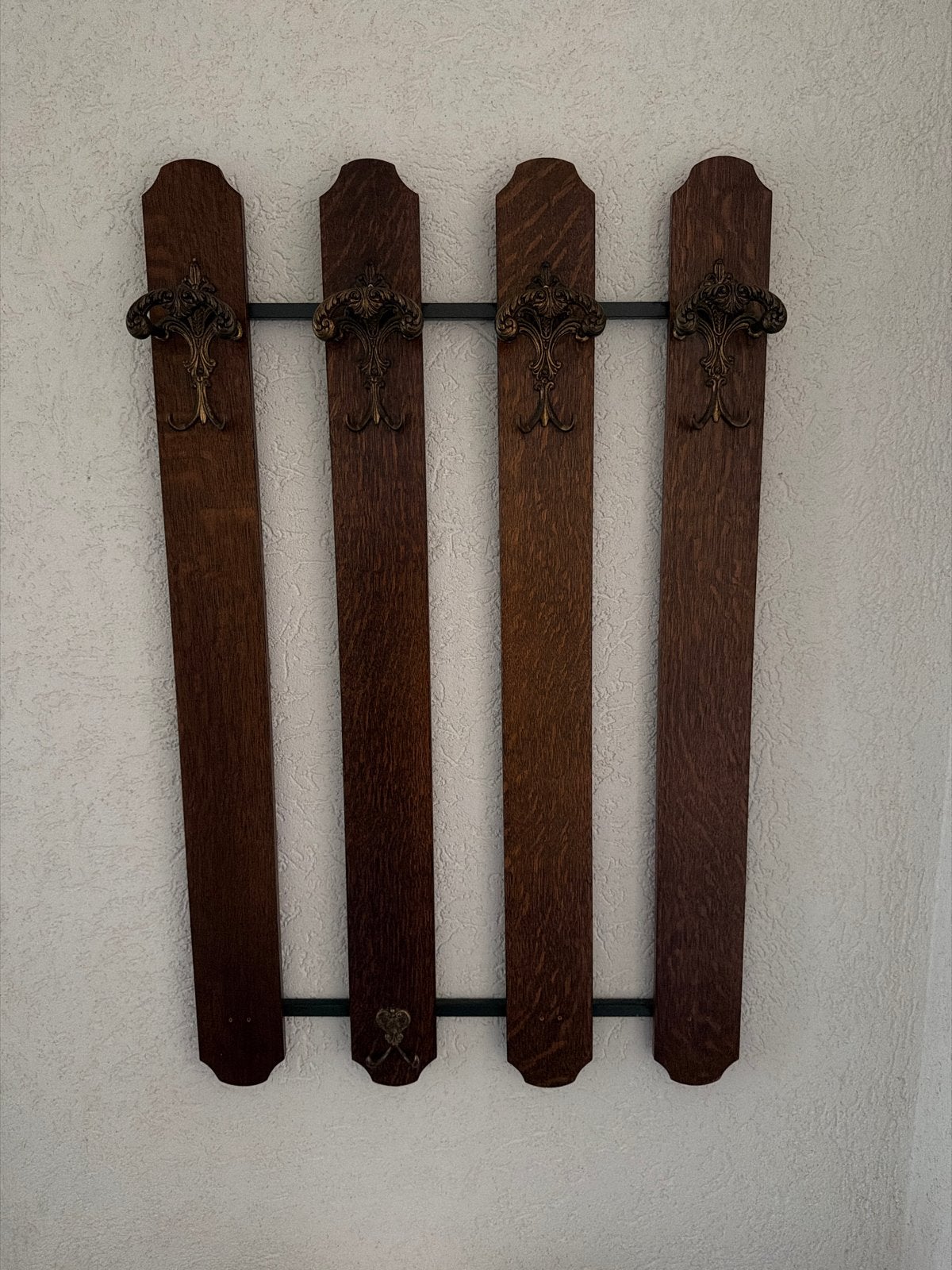 Vintage houten wandkapstok met bronzen haken, Ophalen, Gebruikt, Hout, Wandkapstok