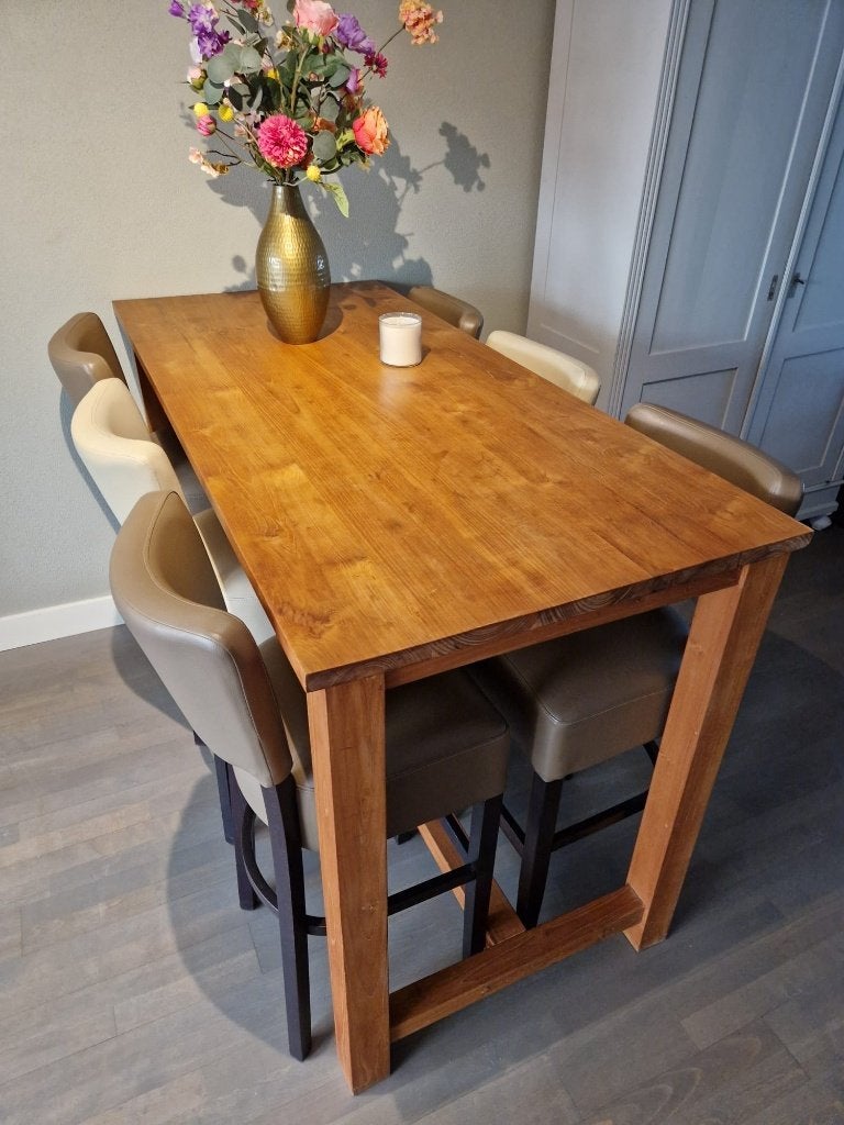 Bartafel teak met 6 barkrukken, Ophalen, Gebruikt, Inclusief barstoelen