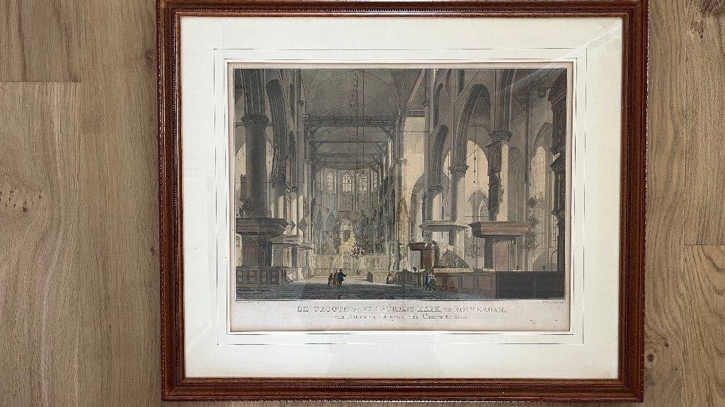 Gravure 18e eeuws St Laurens kerk Rotterdam, Ophalen, Tekening, Pentekening, Met ophangsysteem