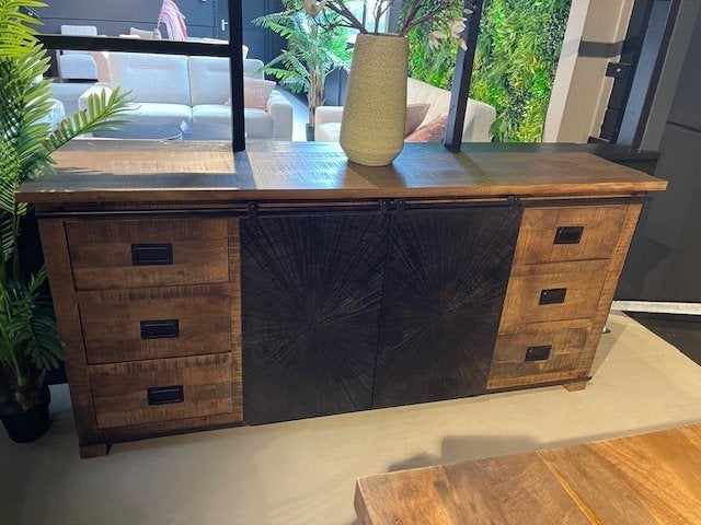 Dressoir Mango 6 lades 2 metaal deuren 160 cm breed actie, Overige houtsoorten, Nieuw, 3 of 4 laden, Dressoir Mango 6 lades 2 metaal deuren 160 cm breed actie