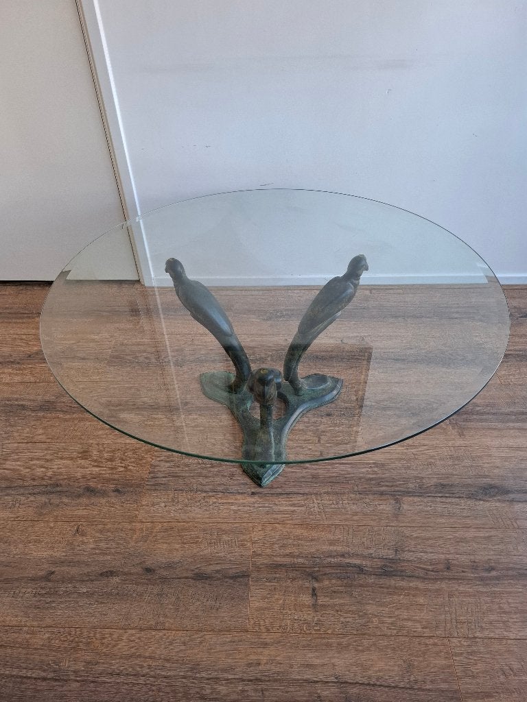 Glazen ronde salontafel met brons onderstel 3 vogels, Ophalen, 50 tot 100 cm, 100 tot 150 cm, Rond