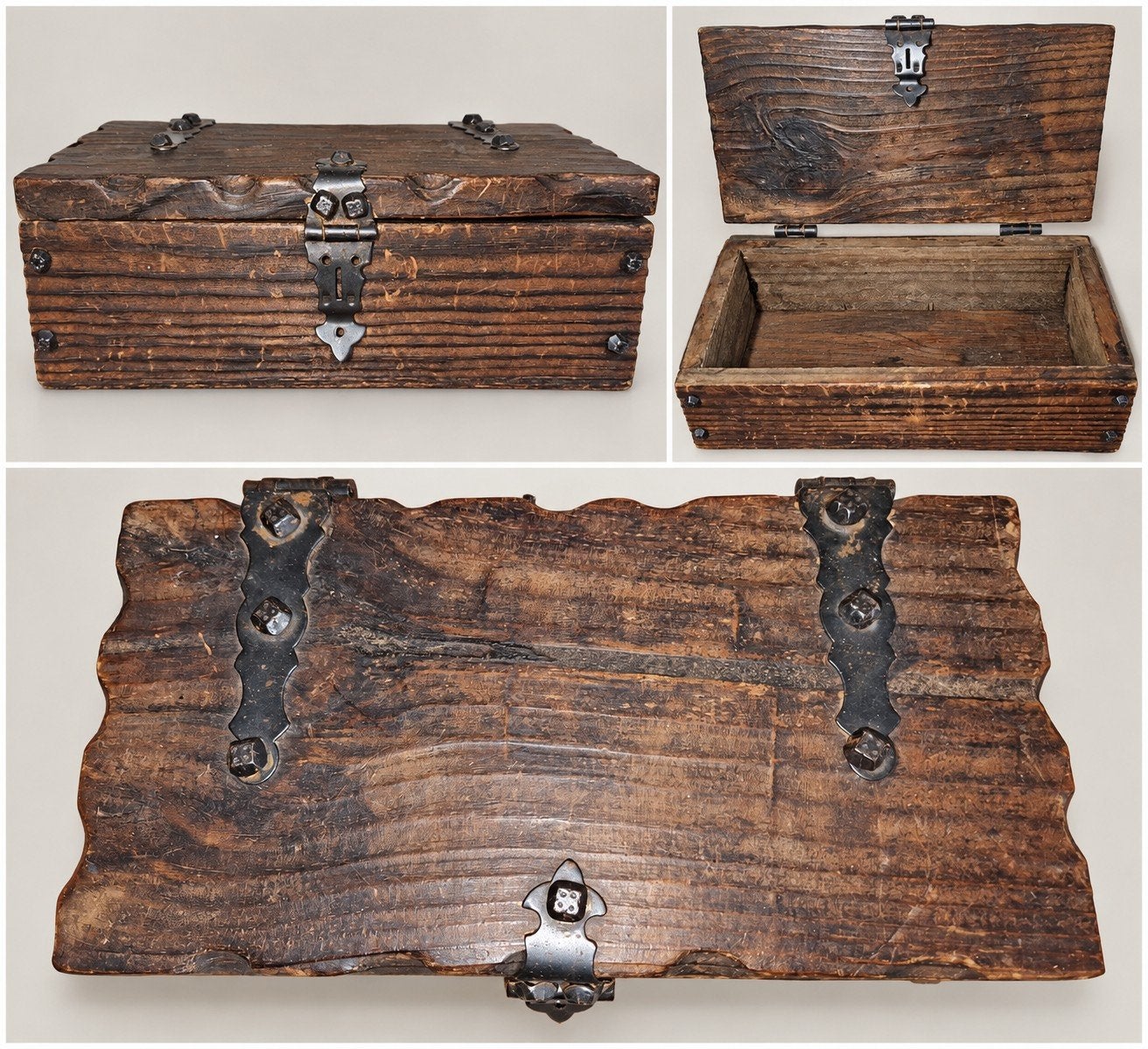 Vintage houten kistje met metalen beslag, Ophalen of Verzenden
