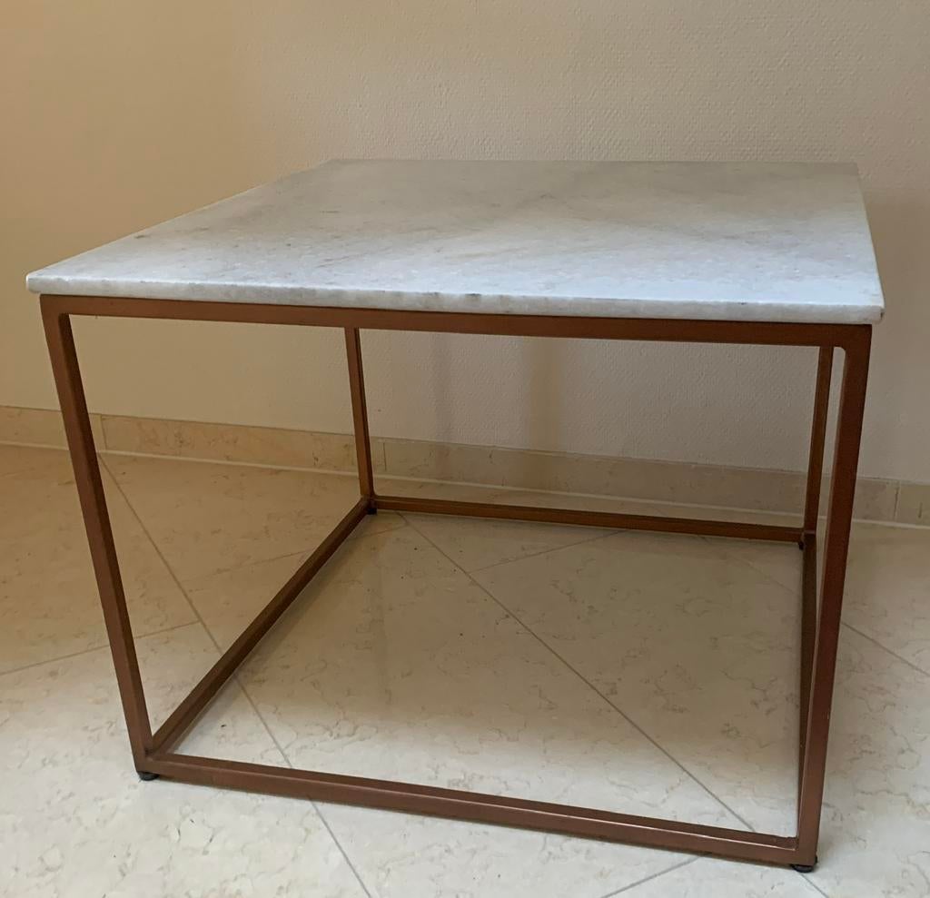 Salontafel/bijzettafel messing met marmer blad, Ophalen, 50 tot 100 cm, Vierkant, Zo goed als nieuw