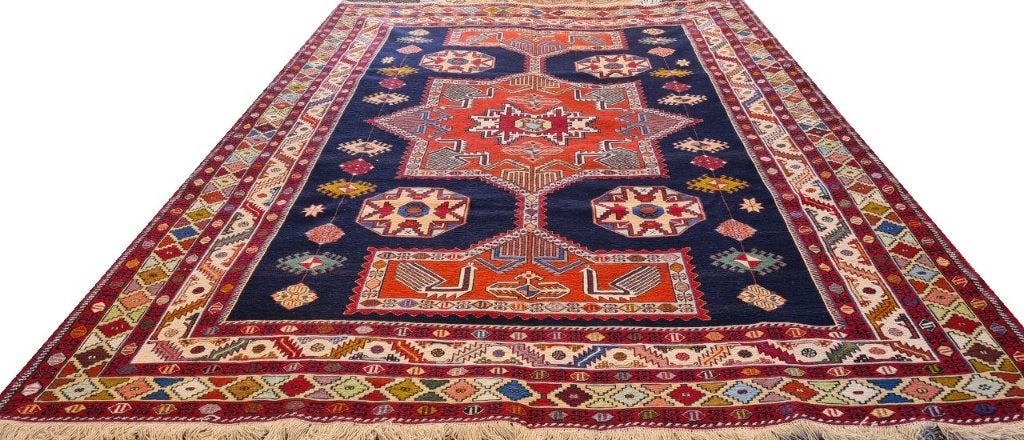 Perzisch tapijt Kelim Soumak 285 x 200/Handgeweven wol kilim, Blauw, Www.simatapijten.nl, 150 tot 200 cm, Ophalen of Verzenden
