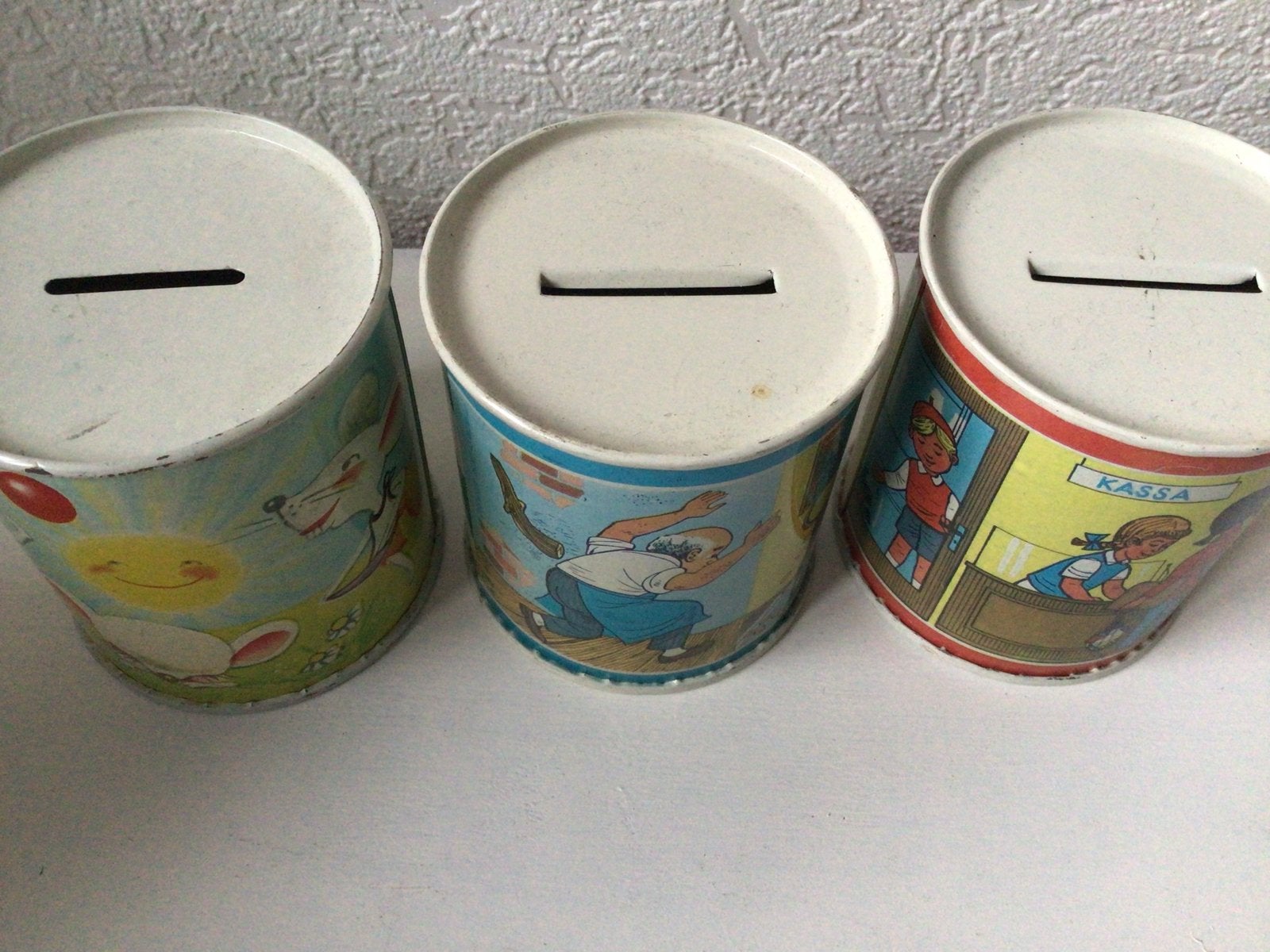Set van 3 vintage spaarpotten - blik - diverse thema's, Ophalen of Verzenden, Gebruikt, Metaal of Blik, Overige thema's