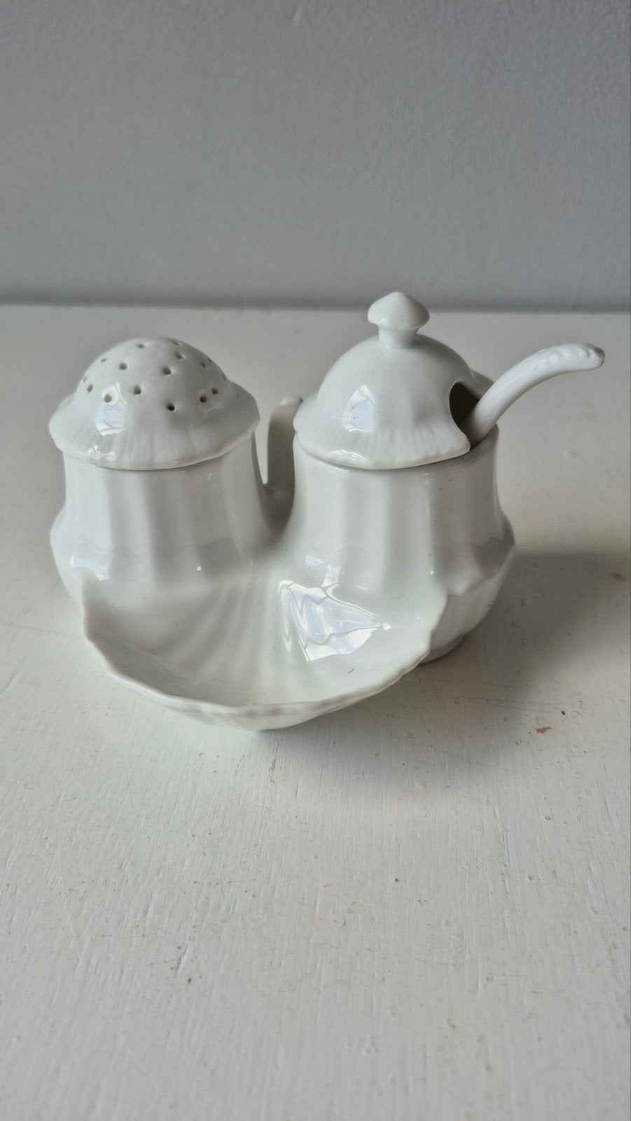 Vintage Porseleinen Zout- en Peperstel met Lepel, Ophalen of Verzenden