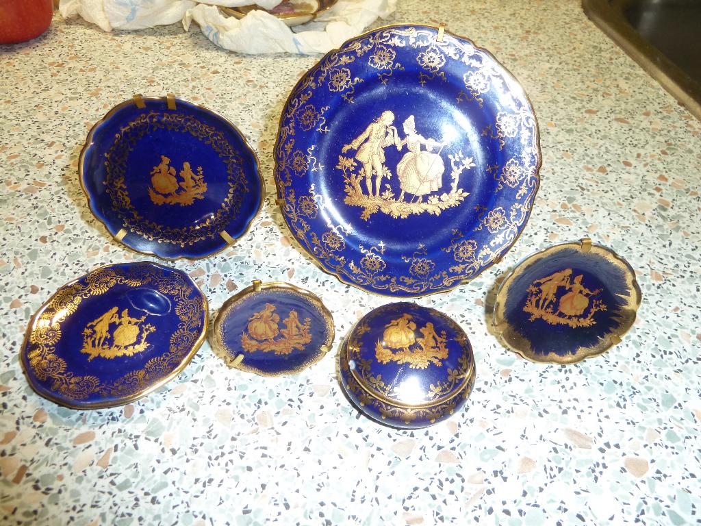Limoge blauw porselein bordjes setje miniatuur, Antiek en Kunst, Ophalen of Verzenden