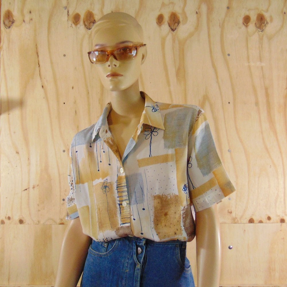 Vintage 90s blouse print wit, beige, bruin en blauw maat 40, Maat 38/40 (M), Verzenden, Beige, Zo goed als nieuw