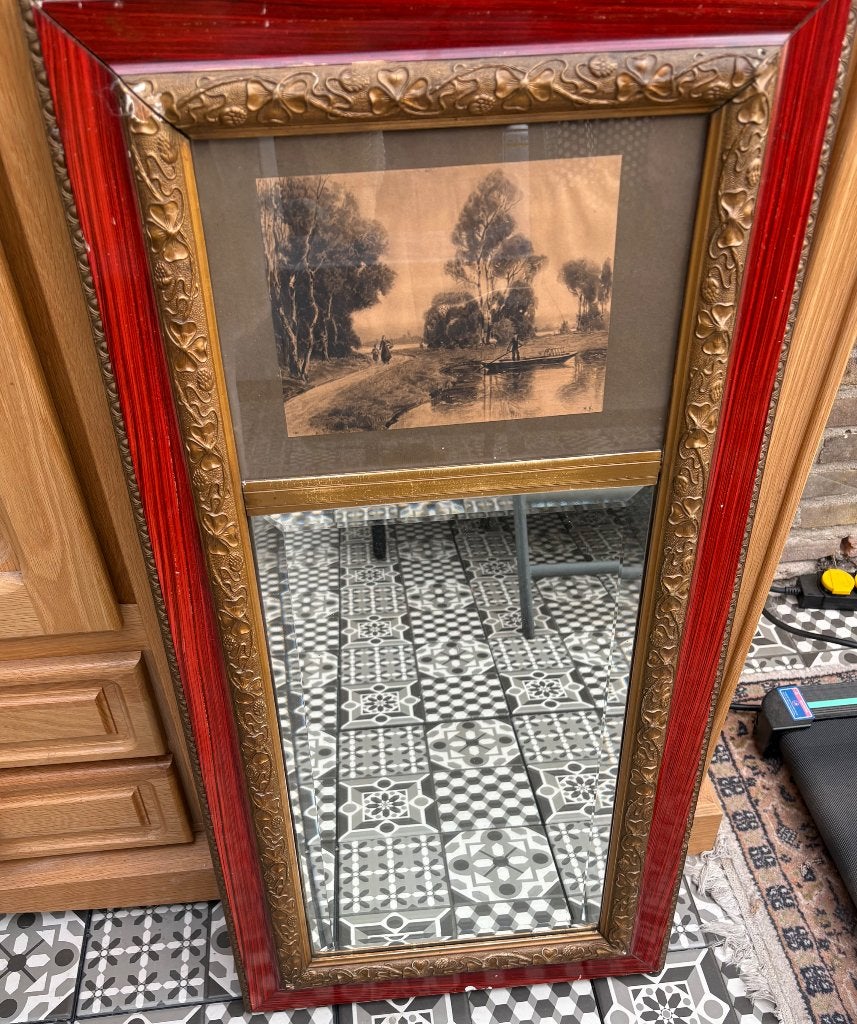 Decoratieve spiegel met lijst en lichte beschadigingen, Ophalen of Verzenden, Rechthoekig, Minder dan 50 cm, 100 tot 150 cm