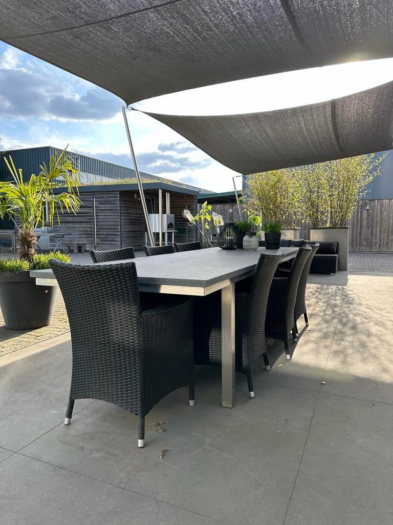Luxe tuintafel: natuursteen blad, RVS onderstel (3x1m), Tuin en Terras, Tuintafels, Ophalen of Verzenden, Gebruikt, Rechthoekig
