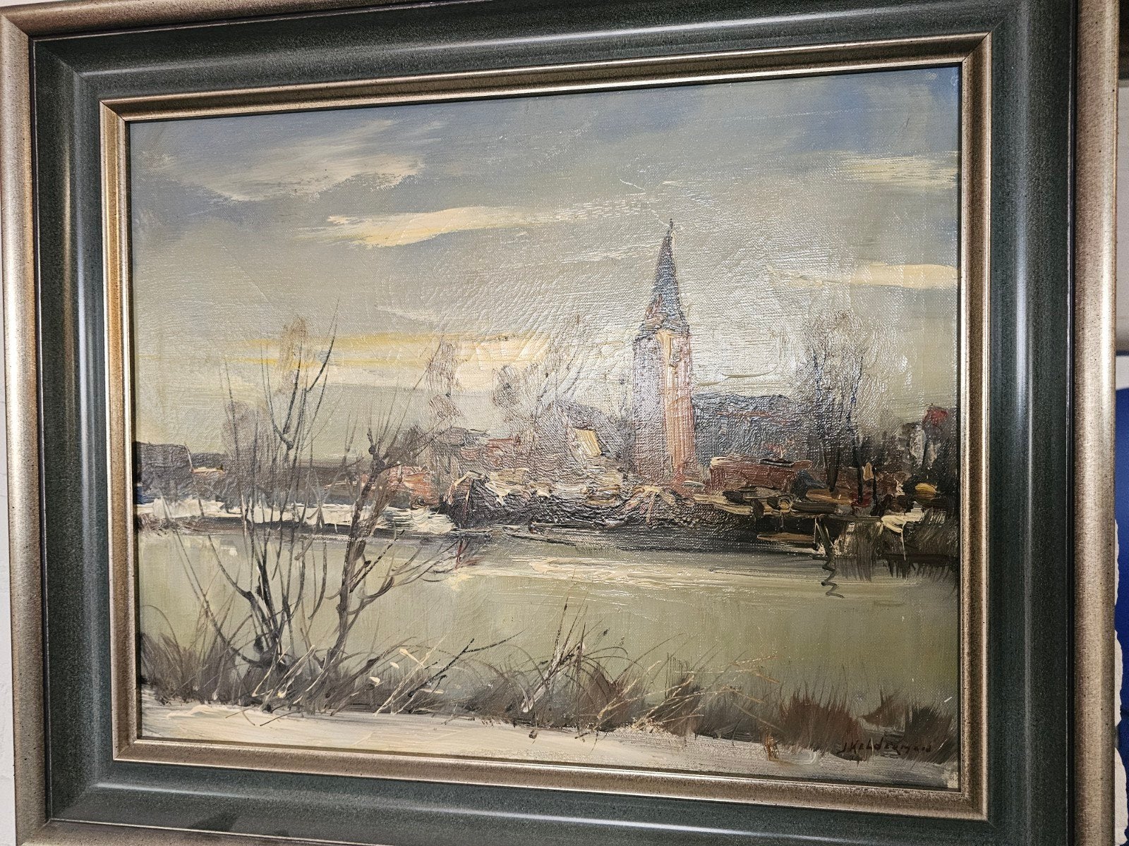 Schilderij 'Winter in Monnickendam' door J. Kelderman, Doek, Realistisch, Ophalen of Verzenden, Gedateerd