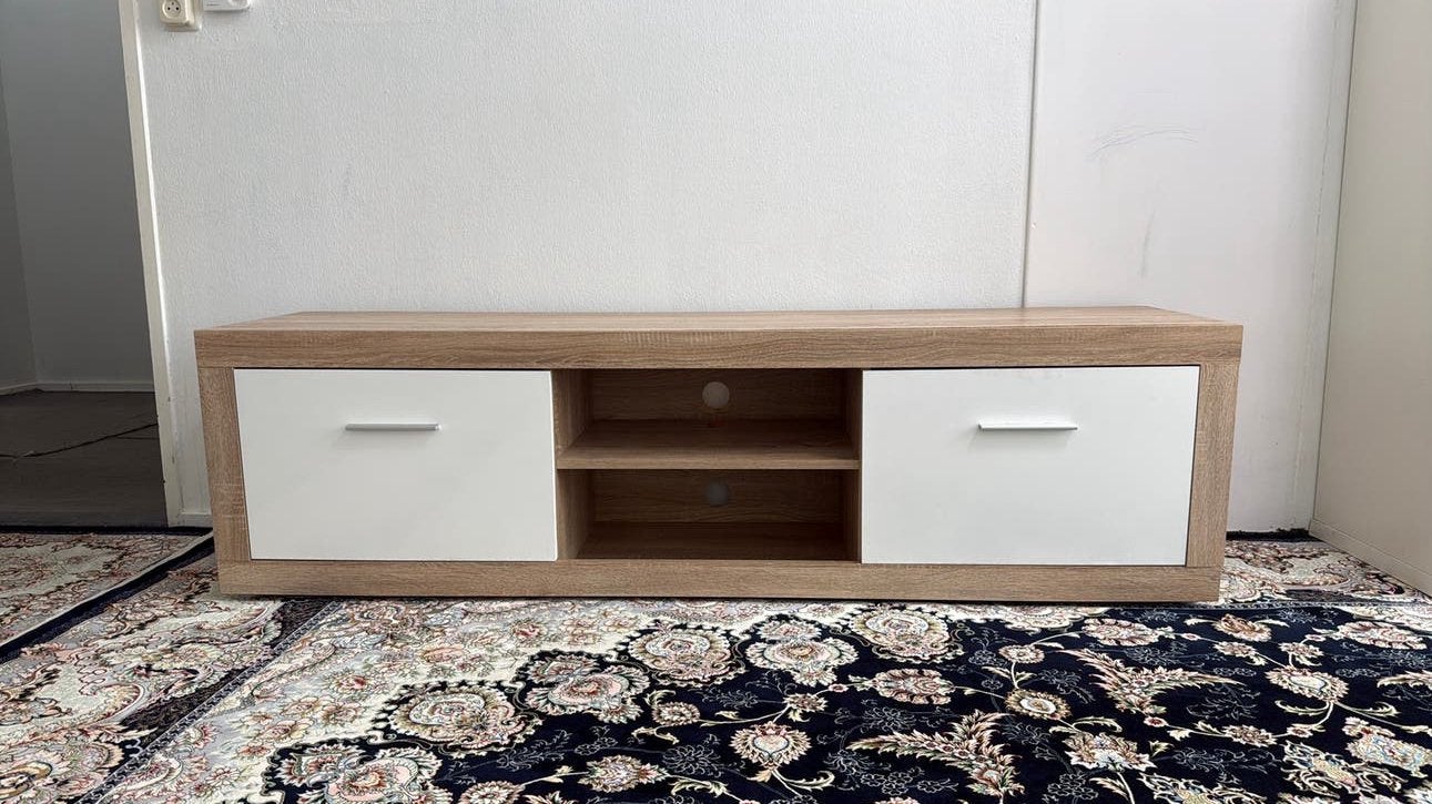 TV bench FAVRBO oak/white, Ophalen, Zo goed als nieuw, 25 tot 50 cm, Minder dan 100 cm