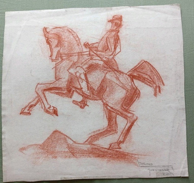 Jan Visser tekening Torino ruiter te paard jaren 40, Antiek en Kunst, Kunst | Tekeningen en Foto's, Ophalen of Verzenden