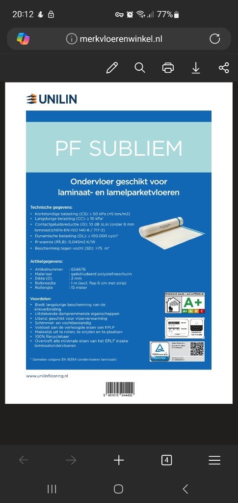 Ondervloerrollen Unilin PF Subliem, Ophalen, Overige materialen, 30 cm of meer, Nieuw
