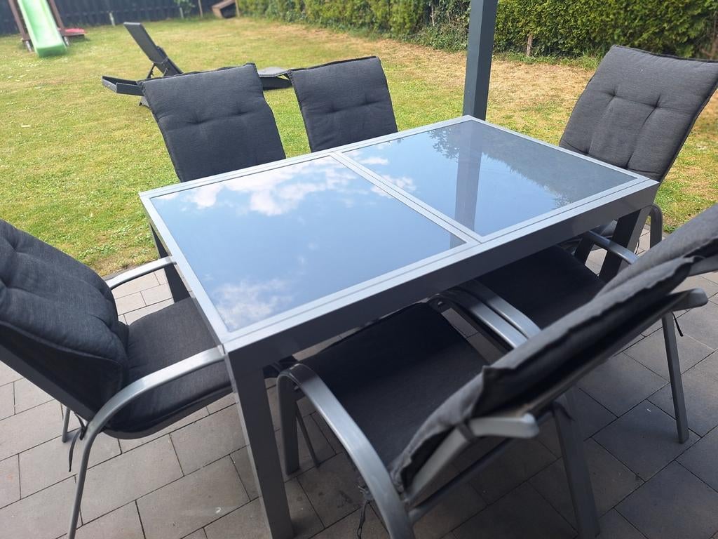 Moderne tuinset met glazen tafel en 6 stoelen, Ophalen, Gebruikt, 6 zitplaatsen, Aluminium
