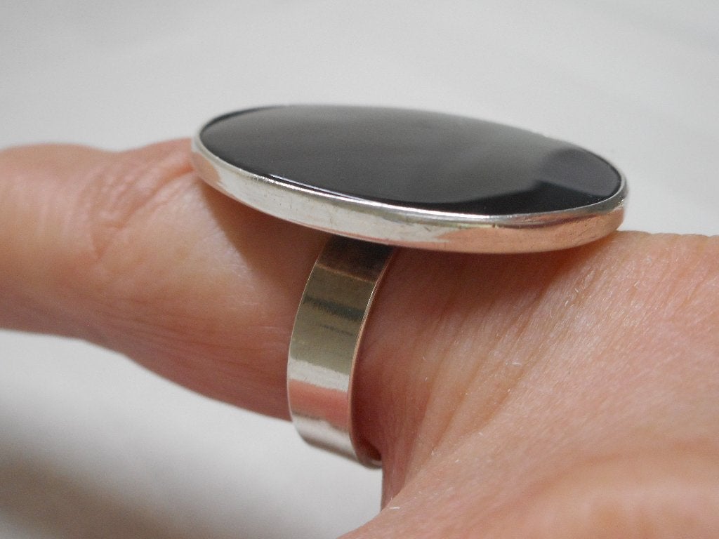 Zilveren verstelbare ring met onyx nr.993, 18 tot 19, Verzenden, Zo goed als nieuw, Dame