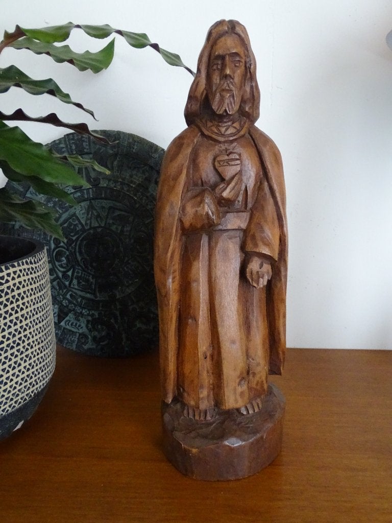 Vintage houten Beeld Jezus Heilig Hart Houtsnijwerk, Antiek en Kunst, Antiek | Religie, Ophalen of Verzenden