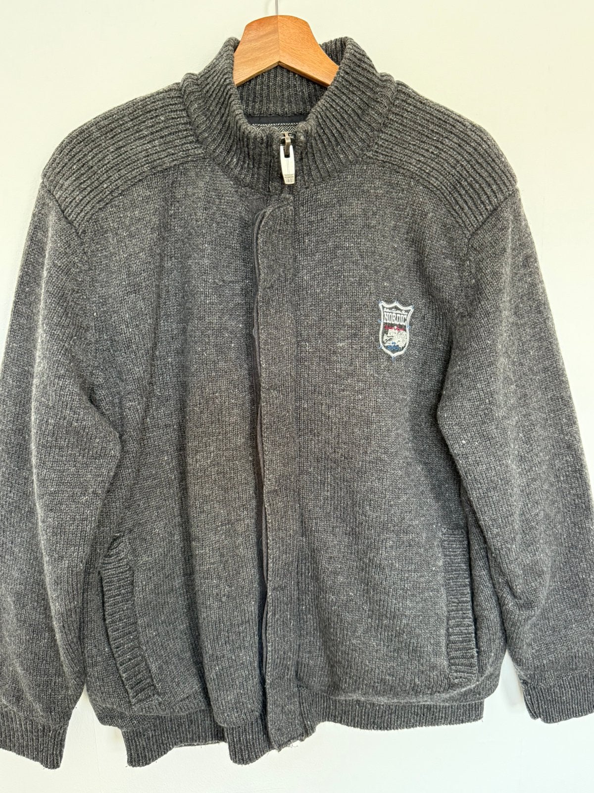 Gebreide jas met voering – 80% wol XL, Ophalen of Verzenden, Zo goed als nieuw, Maat 56/58 (XL), Grijs