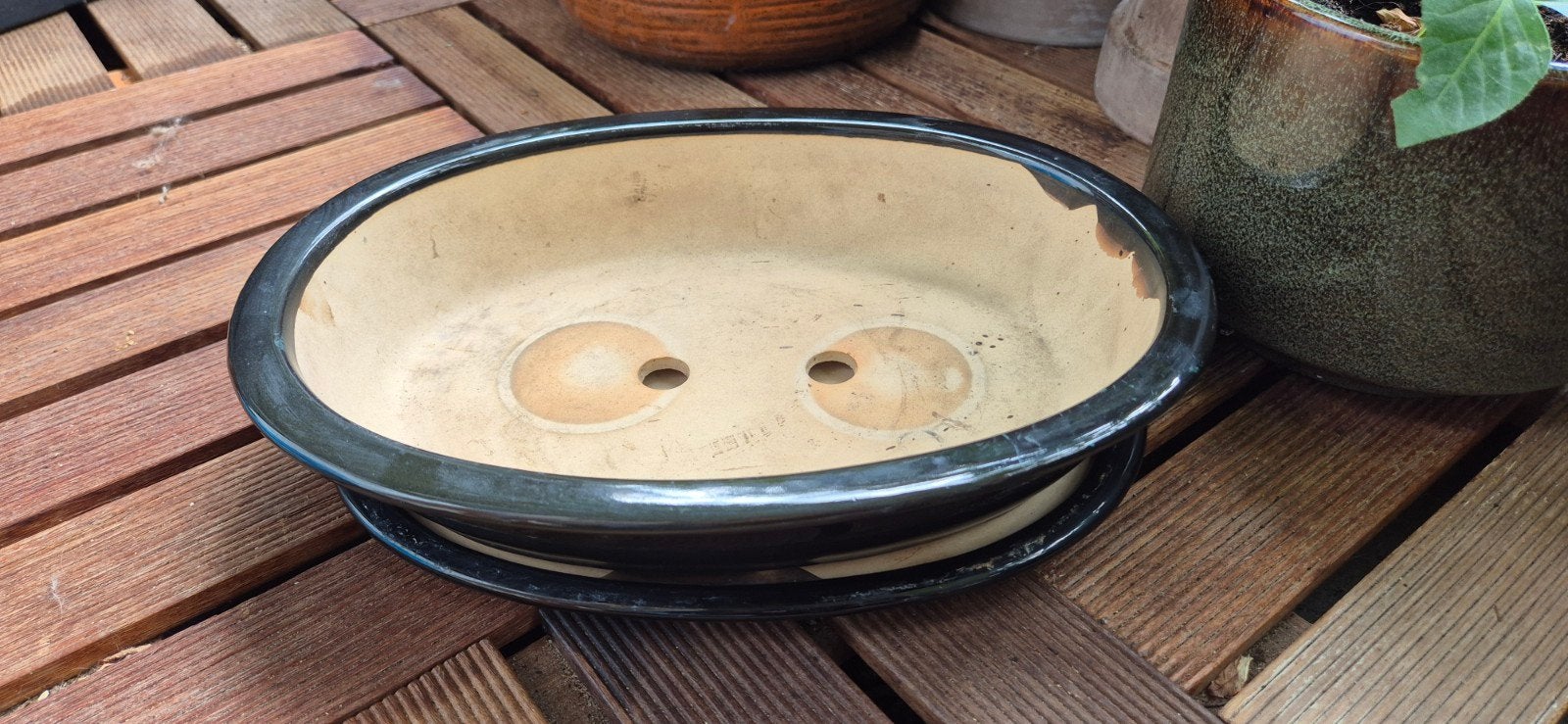 Ovale Bonsai Pot met Schotel - Zwart Geglazuurd Aardewerk, 25 tot 40 cm, Gebruikt, Binnen, Ophalen of Verzenden